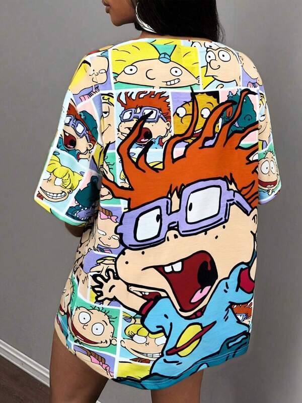 Nick 90s X SHEIN Tricou cu mânecă scurtă cu gât rotund cu imprimeu portret de desene animate
