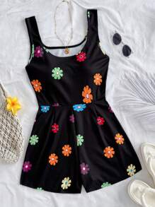 Soleia 全新针织图案印花方领简约连体裤 - 黑色 - 查看 1