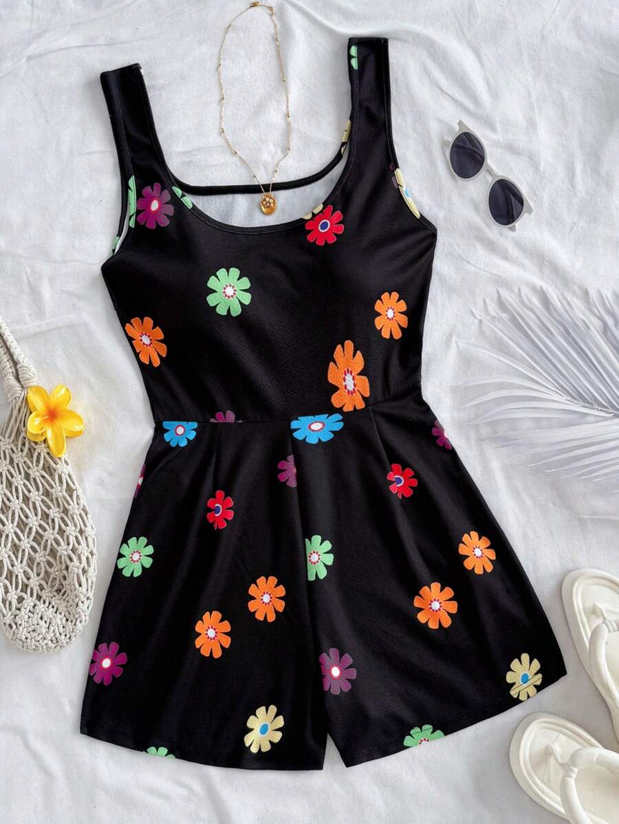 Soleia 全新针织图案印花方领简约连体裤 - 黑色 - 查看 1