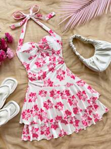 Soleia 女式系带领扭褶下摆收腰迷你碎花连衣裙，适合节日、约会、下午茶、度假、音乐节、波西米亚风格 - 粉色 - 查看 3