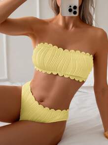 SHEIN Swim 2pcs Spring Break Solid Color Bandeau Halter Back Tie Seashell Decor Yellow Strapless Bikini Swimsuit For Women, Summer & Beach - Yellow - View 5