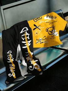 SHEIN Tween Boys Casual & Cool Bear Graphic And Text Slogan T-Shirt With Flared Pants 2pcs Set, Suitable For Spring/Summer - Multicolor - View 1