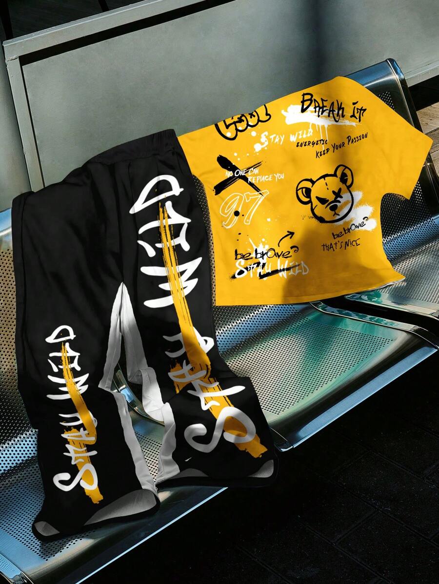 SHEIN Tween Boys Casual & Cool Bear Graphic And Text Slogan T-Shirt With Flared Pants 2pcs Set, Suitable For Spring/Summer - Multicolor - View 1