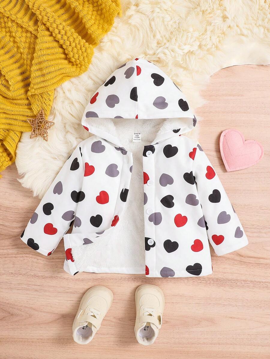 SHEIN 女嬰愛心圖案毛絨襯裡連帽外套