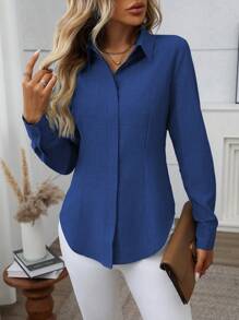 EMERY ROSE Kemeja Kantor Kasual Wanita Lengan Panjang Kancing Tunggal Warna Polos, Pakaian Musim Gugur untuk Wanita - Royal Blue - View 6