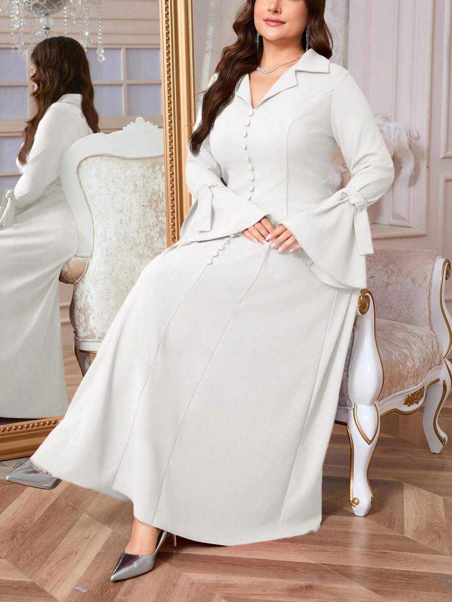 SHEIN Privé Plus Size Spring/Autumn Elegant Shirt Collar V-Neck Ruffle Sleeve Tied Bow Loose High Tolerance Dress, Red, Long Sleeve For Women - White - View 1