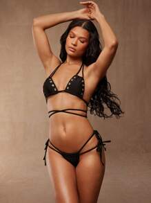 Hauture BIKINI BOTTOMS WITH MULTI STRAP DETAILS For Summer Beach Vacation - Black - View 4