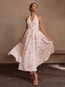 Savoree Elegant & Dignified Floral Allover Print Backless Halter Dress - Pink - View 5