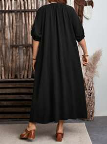 EMERY ROSE Plus Size Women Solid Color Long Dress, Simple Stylish Short Sleeve, Suitable For Summer - Black - View 3