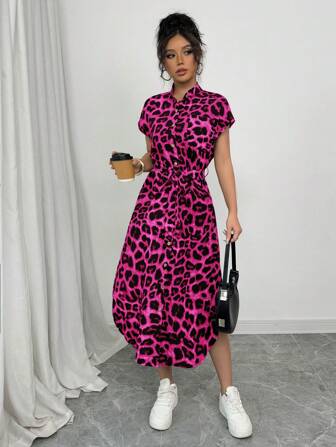 Rafferiza Damer Casual Vacation Travel Leopard Print Front Button Skjorta Bälte Rosett Ficka Sidoslitsar 2025 Sommar Ny Kortärmad Lång Klänning