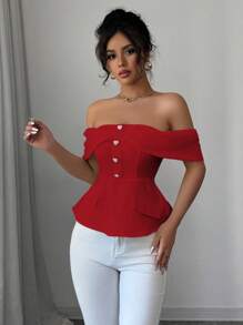 Elenzga Blusa off shoulder con decoración de corazón de piedras rhinestone - Rojo - Ver 4