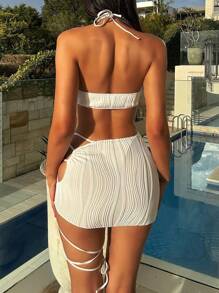 Swim SXY SHEIN X Hangout Fest Summer Beach Plain Halter Bikini Set With Beach Skirt - White - View 2