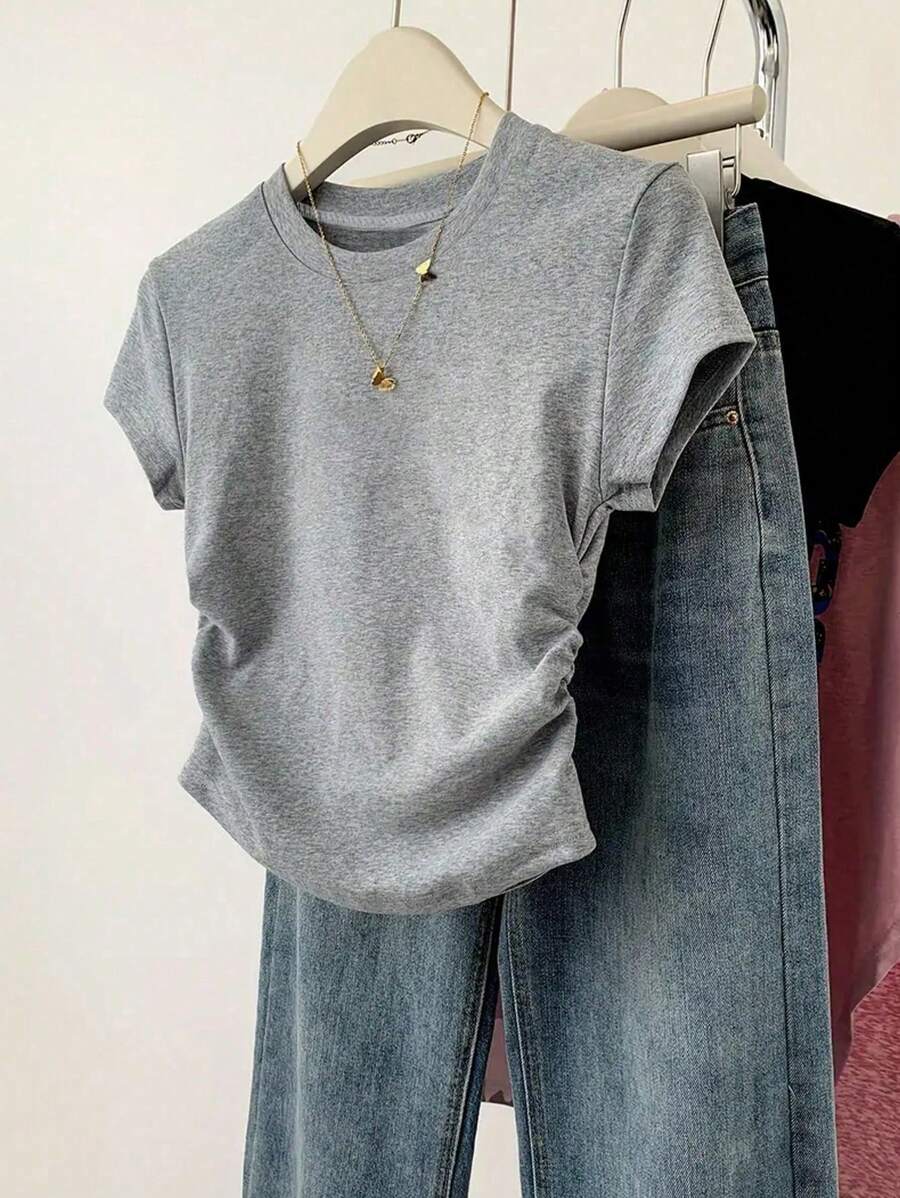 Áo thun nữ tuổi teen cổ tròn tay ngắn màu trơn, kiểu dáng thường ngày, thắt eo, phong cách đường phố mùa hè. - Màu Xám nhạt - Xem 1