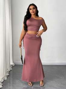 SHEIN Unity Plus Size Women 2pcs Set Asymmetric Collar Cropped Top And Long Skirt - Rusty Rose - View 4