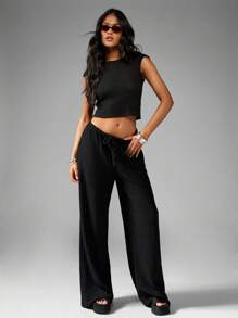 MISSGUIDED Waffle Knit Two-Piece Loungewear Set Wide Leg Pants Crop Top Matching Co-Ord Comfortable Ribbed Texture Casual Summer Spring Fall Outfit - Black - View 1
