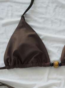 SHEIN Swim Plain Bright Material Beaded Triangle Bikini, Vacation Style For Summer - Brown - View 4