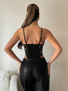 SHEIN ICON Rhinestone Mesh Splice Cup Detail High Waist Hollow Out Bodysuit - Black - View 2