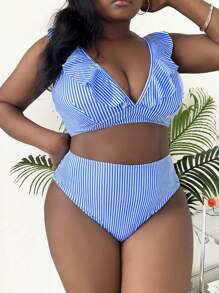 Slaydiva 2 bộ đồ bơi đi nghỉ cổ chữ V cỡ lớn cho nữ - Xanh và trắng - Xem 3