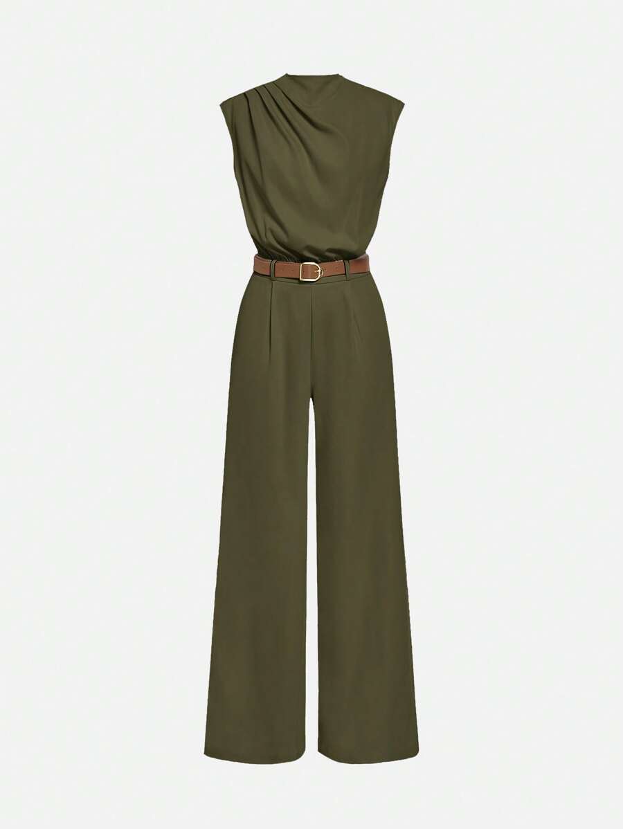 SHEIN MOD PLUS SIZE HIGH NECK SOLID POCKET JUMPSUIT WITH BELT Work Clothes - Army Green - View 1