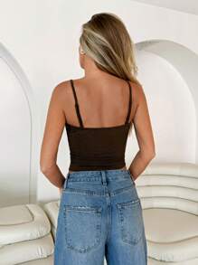 Roylia Spaghetti Strap Rhombic Texture Frill Trim Fitted Solid Color Tank Top - Coffee Brown - View 3