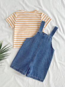 Vintaside Kids Baby Jungen Sommer Rundhals Kurzarm gestreiftes Lässig T-Shirt kombiniert mit Jeans-Latzhosen, geeignet für den Alltag, Lässig, Outdoor-Aktivitäten und Veranstaltungen. Das einfache und bequeme Design verleiht eine entspannte, stilvolle Erscheinung.