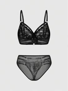 ROMWE Gothic Underwire Lace Triangle Cup Bra & Panty Lingerie Set - Black - View 2