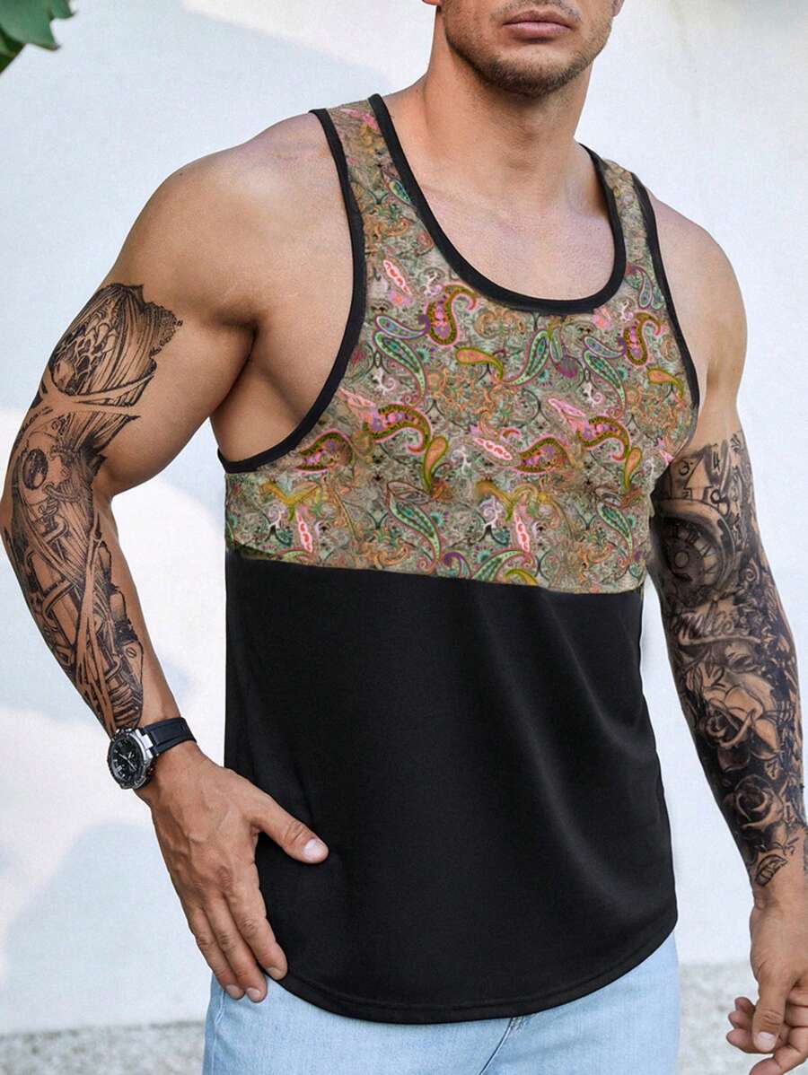Manfinity VCAY Summer Casual Knit Paisley Print Patchwork Round Neck Tank Top - Khaki - View 1