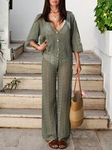 SHEIN Tall Conjunto de 2 piezas de ropa de playa tejida a ganchillo para mujer de talla alta - Blusa de manga corta con botones y falda de cintura alta