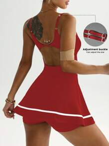 CourtClass Adjustable Strap Contrast Color Trim Detachable Shorts Sports Dress, Suitable For Spring & Summer Athletic Dress Orange Twilight - Red - View 2