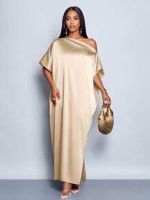 SOLERSUN Đầm satin dài cổ tròn màu trơn thanh lịch cho nữ - Màu be - Xem 6