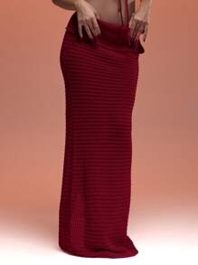 MUSERA Crochet Fold Over Waist Tie Detail Fitted Maxi Skirt Summer Holiday Sexy Ibiza Fits Spring Vacation Beach Night Out Fall Autumn Winter Date Night  Chic