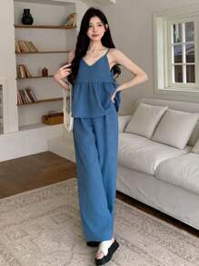 DAZY 2pcs/Set Women Summer Casual Solid Color Camisole And Long Pants,Ruffle