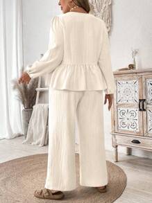 SHEIN Clasi Bộ 2 chiếc áo dài tay màu trơn cỡ lớn và quần dài, phong cách tối giản phù hợp cho mùa hè - Màu be - Xem 3