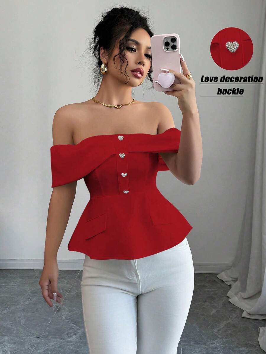 Elenzga Blusa off shoulder con decoración de corazón de piedras rhinestone - Rojo - Ver 1