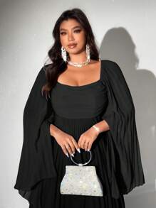 Viva Relle 大码女式优雅浪漫派对褶皱雪纺长袖连衣裙 - 黑色 - 查看 4