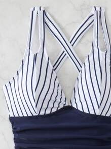 Swim Lushoire Traje de baño de una pieza con estampado floral elegante para mujer, bañador de vacaciones azul marino - Azul Marino - Ver 8