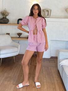 Cloudara Ensemble 2 pièces pour femme, chemise et short assortis, rayures, look décontracté d'été et de printemps, vacances, tissé