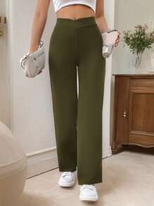 SHEIN Frenchy Women's Casual Elegant Twist Waist Bodycon Straight Pants Work Pants Winter Green Christmas Spring - Green - View 5