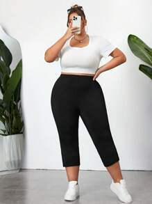 SHEIN CURVE+ 黑色开衩七分紧身裤，休闲弹力腰日常弹力打底裤，大码女式毕业季/女式毕业季/白色毕业季/毕业季。 - 黑色 - 查看 7