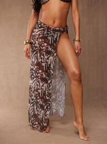 Hauture 夏季女士度假全身印花侧系腰长款罩衫裙，女士半身裙，泳衣罩衫，女士沙滩罩衫 - 棕色 - 查看 2