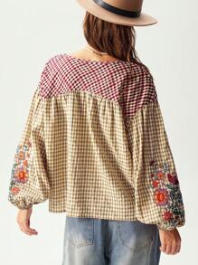 Bohemela 休闲格子 V 领拼接长袖宽松女式衬衫 - 彩色 - 查看 7