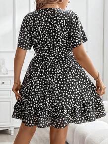 SHEIN Clasi Plus Allover Print Ruffle Hem Belted Dress For New Year Clothes - Black - View 2