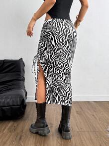 Coolane Women'S Drawstring Pleated Zebra Pattern High Slit Skirt - Black and White - View 2
