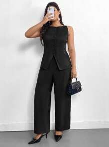 Firerie Plus Size Women's Business Suit Vest With Faux Pocket Detail, V-Neck Khaki Jacket And Pants 2 Pieces Set - Black - View 6
