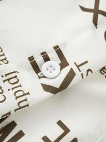 Plus Size Newspaper Print Button Front Long Sleeve Casual Dress - Brown - View 4