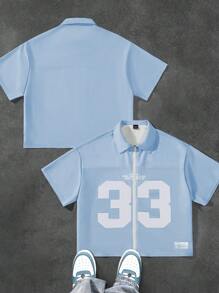 Aesthetic Post 男士短袖网眼印花前拉链衬衫，男士短款衬衫，衬衫街头服饰 - 淺藍色 - 查看 2