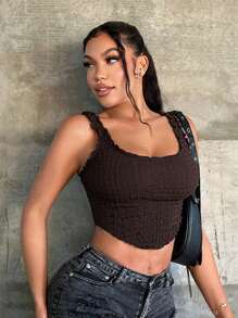 SHEIN SXY Sexy Ruffle Asymmetrical Square Neck Cropped Women Tank Top,Y2k,Club Women Sexy,Summer Tops,Going Out ,Concert Women,Rave, Festival,Streetwear For Women,Gyaru,Brown