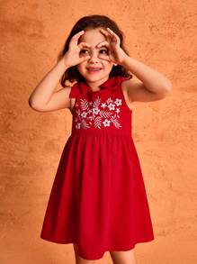 SHEIN Vestido de niña pequeña con bordado rojo y patrón lindo para el verano - Rojo - Ver 7