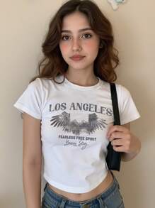 Tween Girls' Vintage Eagle Wing Graphic Print Casual Short T-Shirt, Comfortable And Stylish For Summer - White - View 3