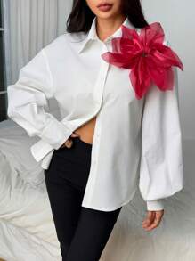 Calvaya New Elegant Loose Fit Burgundy Organza 3D Floral Design Blouse